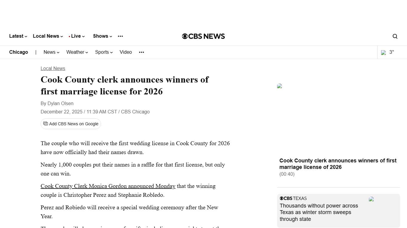 Cook County clerk announces winners of first marriage license for 2026 - CBS Chicago